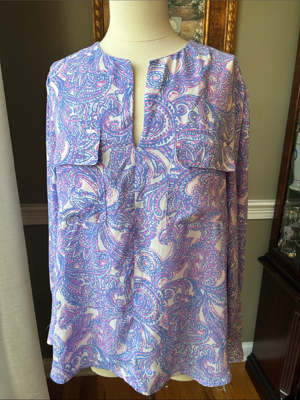 Jones New York Paisley Split-Neck Blouse in Lavender & Pink Size Large